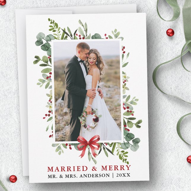 Married & Merry Watercolor Greenery Red Bow Holiday Card (Customize to add text to back of card.)