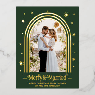 Married & Merry Wedding Announcement Foil Postcard