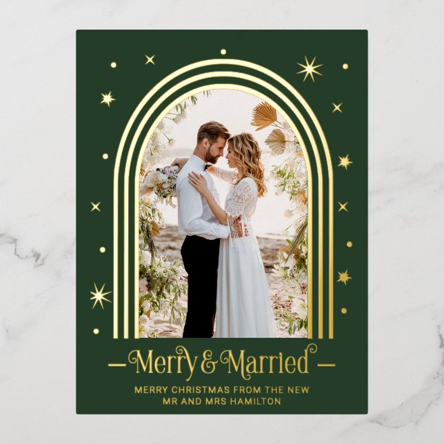 Married & Merry Wedding Announcement Foil Postcard (Front)