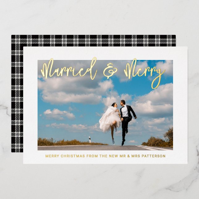 Married & Merry Wedding Mr & Mrs First Christmas Foil Holiday Card (Front/Back)