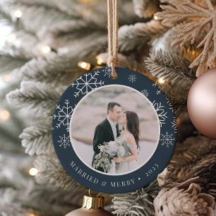 Married & Merry   Wedding Photo Ceramic Ornament