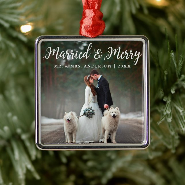 Married & Merry Wedding Photo Christmas Metal Ornament (Tree)