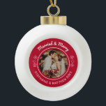 Married & Merry Wedding Photo Modern Red Ceramic Ball Christmas Ornament<br><div class="desc">This personalized Christmas ornament features a modern design with script font and hearts. Personalize the name,  year and wedding photo. This template works best with a landscape format photo with the couple in the centre.</div>
