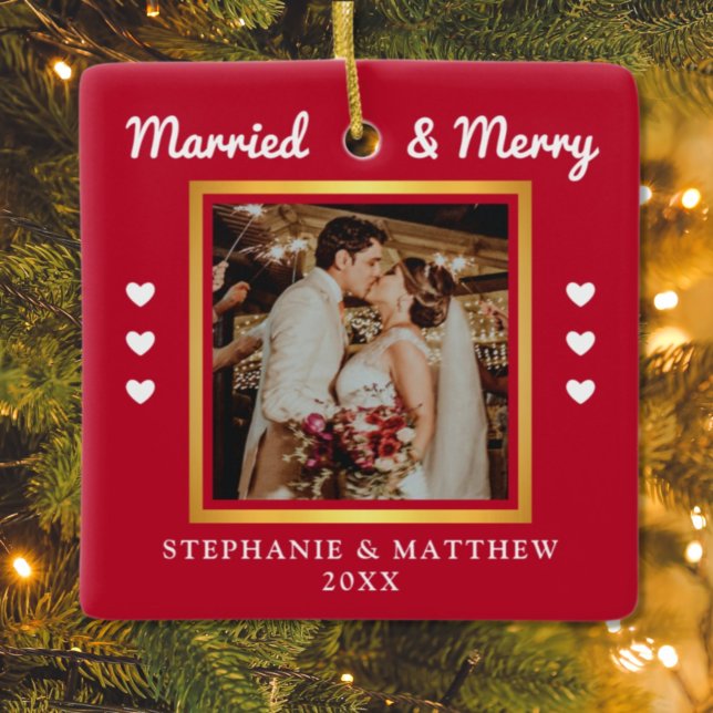 Married & Merry Wedding Photo Modern Red Ceramic Ornament (Creator Uploaded)