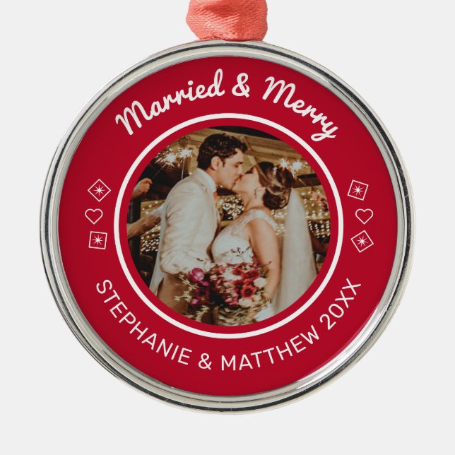 Married & Merry Wedding Photo Modern Red Metal Ornament (Front)