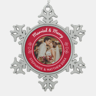 Married & Merry Wedding Photo Modern Red Snowflake Pewter Christmas Ornament