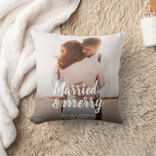 Married & Merry Wedding Thank you Christmas Photo Throw Pillow