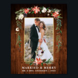 Married Merry Wood Gold Watercolor Winter Floral Poster<br><div class="desc">Elegant Watercolor Winter Floral Gold Newlywed Photo Married & Merry Christmas Postcard includes beautiful watercolor red poinsettias,  botanical greenery,  winter foliage,  holly berries,  white roses,  cotton,  pine cones and blue berries. Rustic Country Wood.</div>