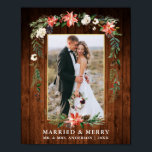 Married Merry Wood Gold Watercolor Winter Floral Poster<br><div class="desc">Elegant Watercolor Winter Floral Gold Newlywed Photo Married & Merry Christmas Postcard includes beautiful watercolor red poinsettias,  botanical greenery,  winter foliage,  holly berries,  white roses,  cotton,  pine cones and blue berries. Rustic Country Wood.</div>