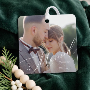 Married Minimal Elegant Script Wedding Photo Metal Ornament