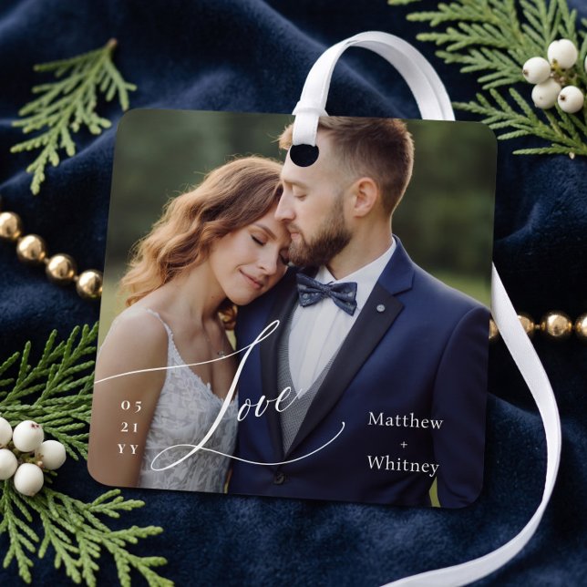 Married Minimal Love Script Wedding Photo Keepsake Metal Ornament (Married Minimal Love Script Wedding Photo Keepsake Metal Ornament)