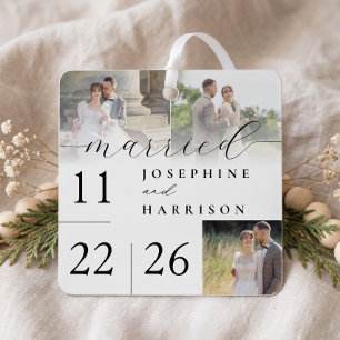 Married Modern Script Wedding Day Photo Keepsake Metal Ornament