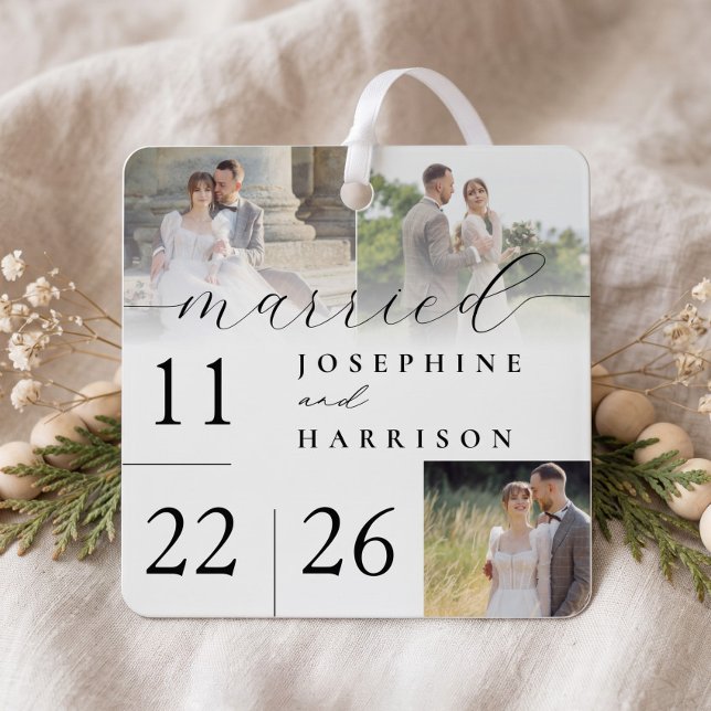 Married Modern Script Wedding Day Photo Keepsake Metal Ornament (Married Modern Script Wedding Day Photo Keepsake Metal Ornament)
