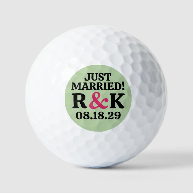 MARRIED Monogram & Pink Ampersand, Sage Background Golf Balls (Front)