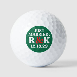 MARRIED Monogram & Red Ampersand, Green Background Golf Balls