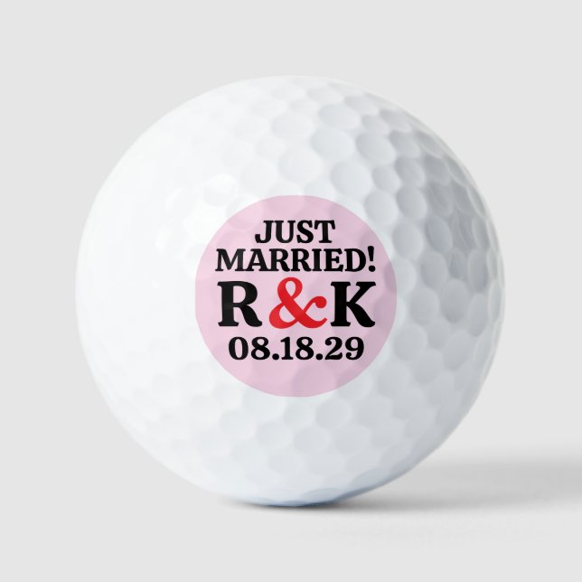 MARRIED Monogram & Red Ampersand, Pink Background Golf Balls (Front)