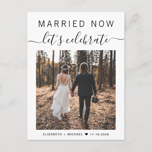 Married Now Let's Celebrate Photo Wedding Announcement Postcard (Front)