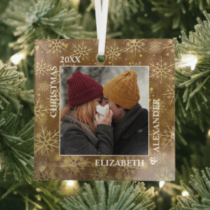 Married Snowflakes Photo on Gold Glass Ornament