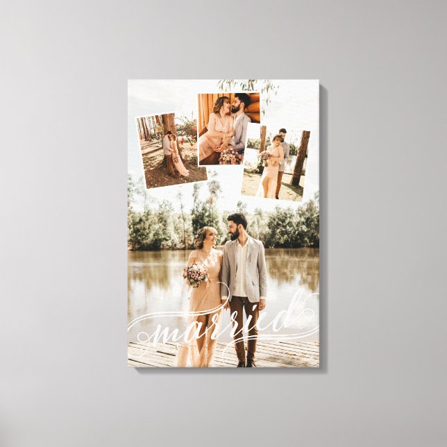 Married Swirly Script Wedding Photo Collage Canvas Print (Front)