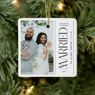 Married Wedding Photo Newlyweds Christmas Ceramic Ornament