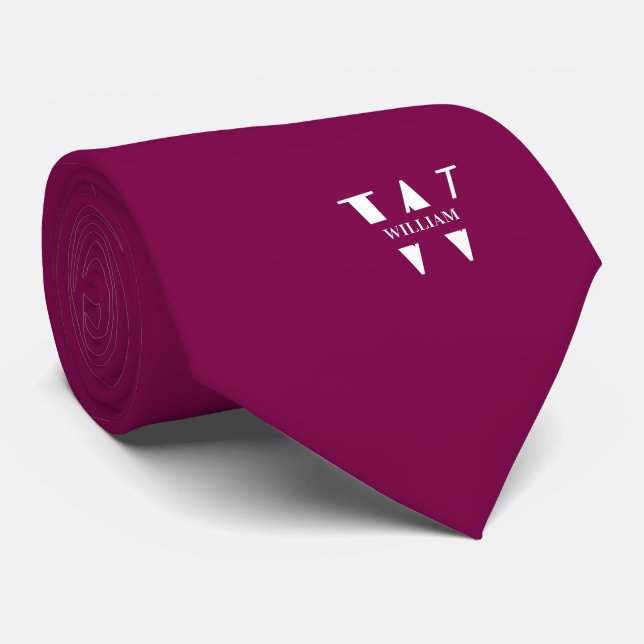 Marron Colour Elegant Monogram + Name  Tie (Rolled)