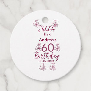 Marron white mauve shhhh 60th birthday floral name favour tags