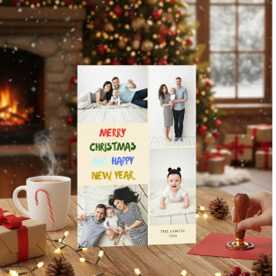 Marry Christmas & Happy New Year 4 Photo Yellow Holiday Card