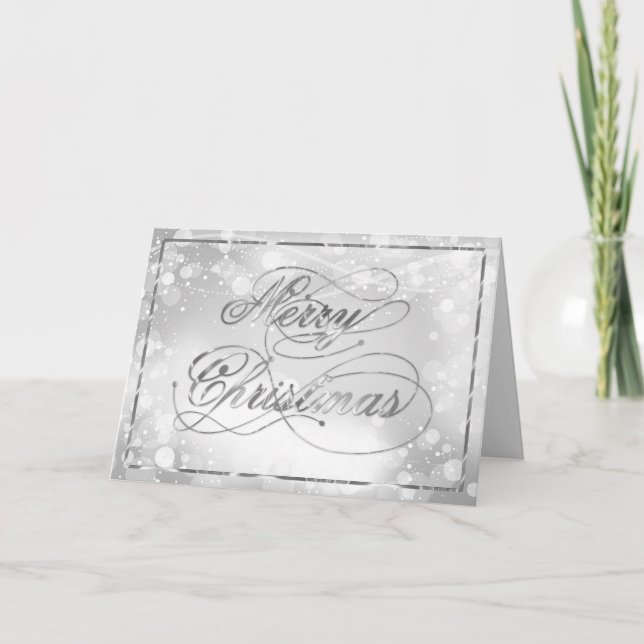 Marry Christmas Silver Text & Bokeh Background Holiday Card (Front)