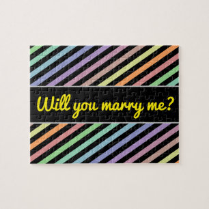 Marry me? + Black & Pastel Colour Lines Pattern Jigsaw Puzzle