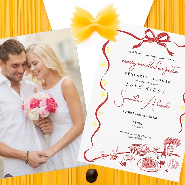 Marry Me Chicken Pasta R Wedding Rehearsal Dinner  Invitation (Marry Me Chicken Pasta Red Couple Engagement Italian Wedding Rehearsal Dinner Brunch Invitation )