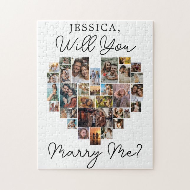 Marry Me Heart Couple Photo Collage Modern Script Jigsaw Puzzle (Vertical)