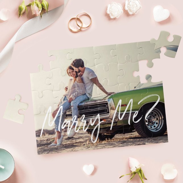 Marry Me? Trendy Brush Script & Custom Photo Jigsaw Puzzle (Creator Uploaded)