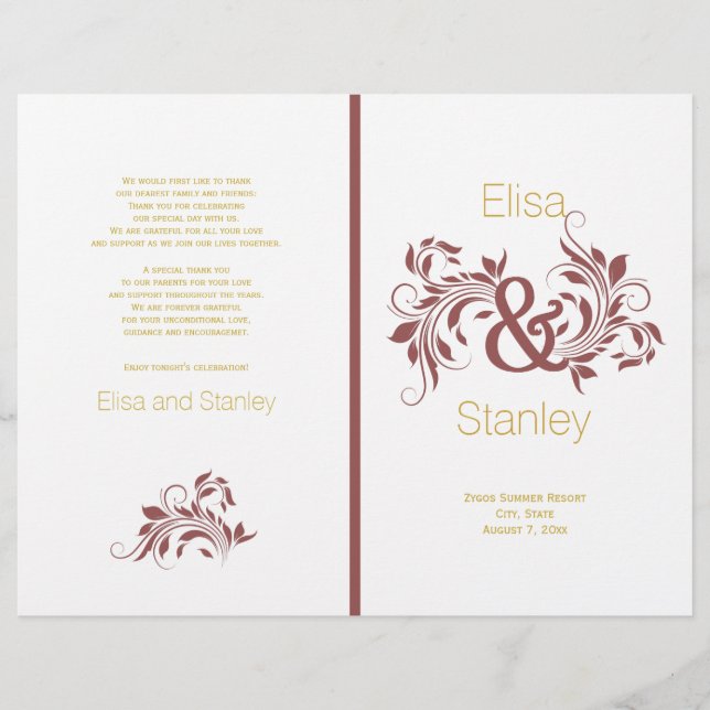 Marsala ampersand scroll leaf wedding program (Front)