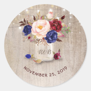 Marsala and Blue Flowers Mason Jar Rustic Wedding Classic Round Sticker