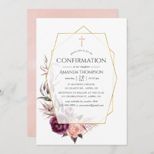 Marsala and Blush Floral Geometric First Communion Invitation