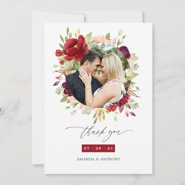 Marsala and Blush Floral Wedding Photo Collage Thank You Card (Front)