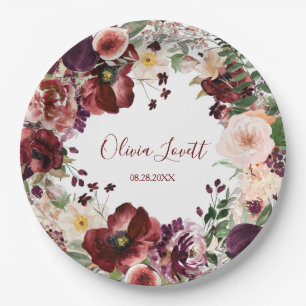 Marsala and Blush Pink Floral Bridal Shower Paper Plate