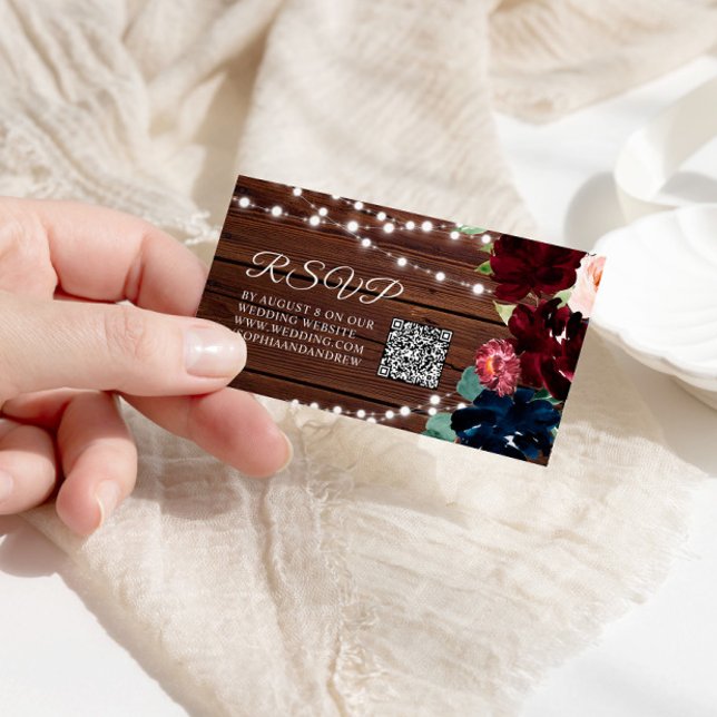 Marsala and Navy Flowers Rustic Wedding QR RSVP Enclosure Card (Creator Uploaded)