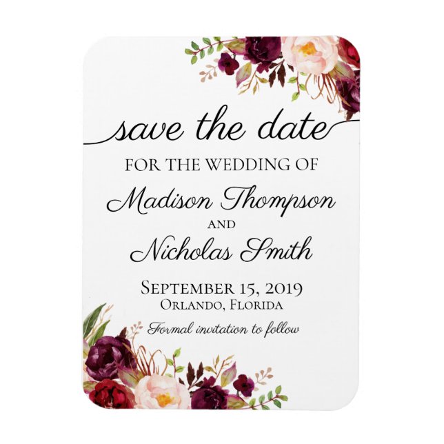 Marsala and Pink Floral Save the Date Magnets (Vertical)