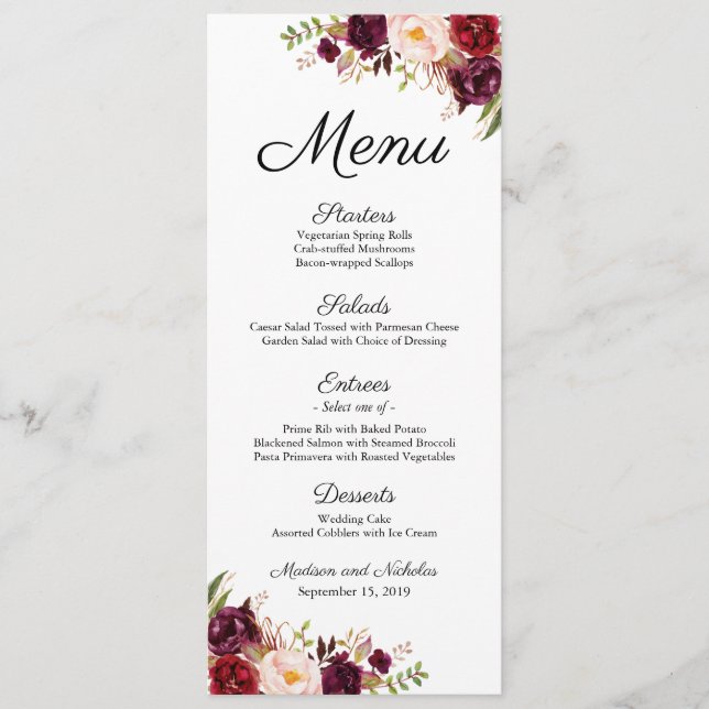 Marsala and Pink Floral Wedding Menu Rack Cards (Front)