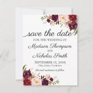 Marsala and Pink Floral Wedding Save The Date Card