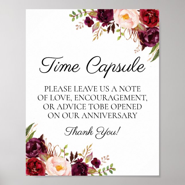 Marsala and Pink Floral Wedding Time Capsule Sign (Front)