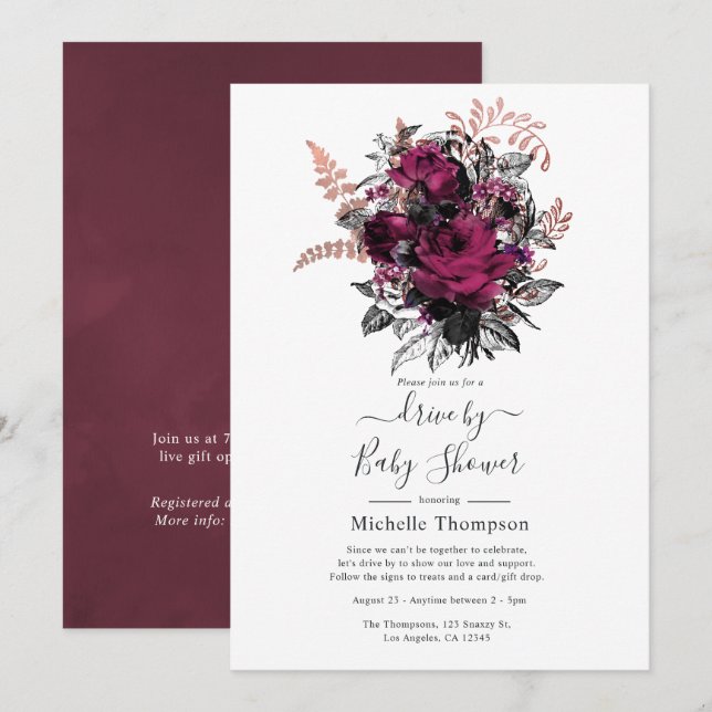 Marsala and Rose Gold Floral Drive By Shower Invitation (Front/Back)