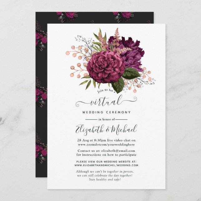 Marsala and Rose Gold Floral Virtual Wedding Invitation (Front/Back)