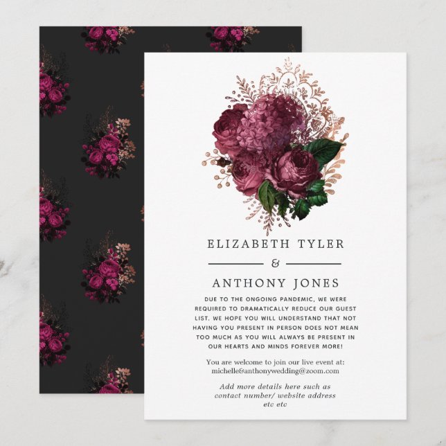 Marsala and Rose Gold Floral Wedding Guest List Announcement (Front/Back)