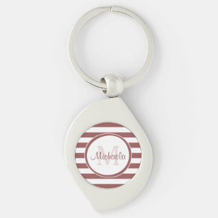 Marsala and White Broad Stripes With Stylish Name Keychain