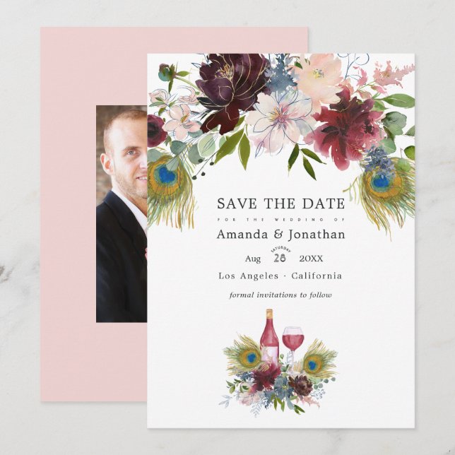 Marsala aquarelle et save the date de mariage flor (Devant / Derrière)