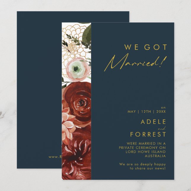 Marsala Automne Floral Navy Elopement Faire-part (Devant / Derrière)