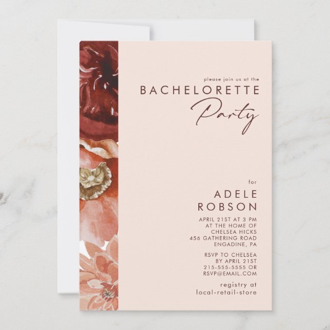 Marsala Autumn Floral | Blush Bachelorette Party Invitation (Front)