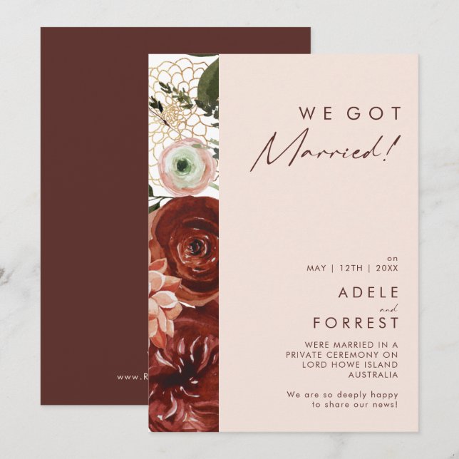 Marsala Autumn Floral Blush Elopement Announcement (Front/Back)